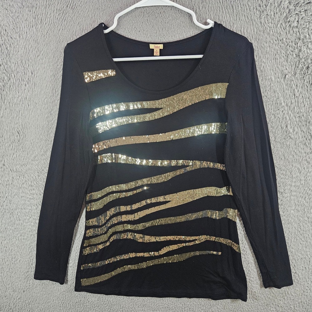 Reba Womens Black Gold Sequin Zebra Stripe Long Sleeve Top Sz S Scoop Neck Shirt